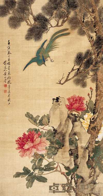黄山寿 壬寅（1902年）作 富贵松寿图 片 101×53cm